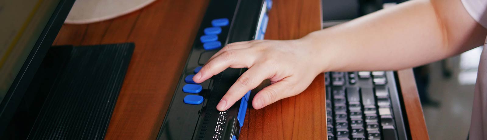 Lady using a computer device for a sight disability